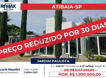 Casa · 443m² · 4 Quartos · 4 Vagas · Casa 4 dormitórios à venda, 443m² por R$ 1.990.000 - Jardim Paulista - Atibaia/SP