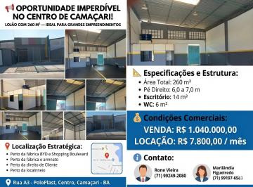 Comercial , Camaçari · LOJÃO COM 260 M² — IDEAL PARA GRANDES EMPREENDIMENTOS
Disponível VENDA / ALUGUEL