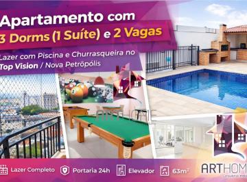 Apartamento · 63m² · 3 Quartos · 2 Vagas · Apartamento com 3 dormitórios (1 suíte) e 2 vagas no Top Vision – Nova Petrópolis / Baeta Neves | La