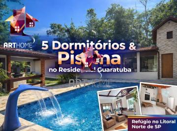 Casa · 200m² · 5 Quartos · 4 Vagas · Refúgio no Litoral Norte de SP – Casa com Piscina no Condomínio Residencial Guaratuba, ao lado da Ri