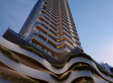 Fachada do NF Harmonic ao anoitecer, vista de baixo até o topo da torre (imagem ilustrativa) · Cobertura duplex com 4 suítes e 218 m² no NF Harmonic, Itajaí