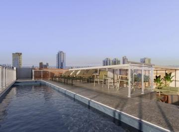 Piscina descoberta no rooftop, com deck e pergolado (imagem ilustrativa) · Studio de 28 m² à venda no Artisan Residence, bairro Fazenda, Itajaí