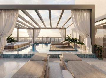 Espelho d'água do rooftop, com espreguiçadeiras e pergolado (imagem ilustrativa) · Studio com terraço de 7,68 m² no Bothanic, Centro de Itajaí