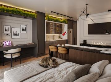 Loft Plus decorado, com cama, home office e cozinha (imagem ilustrativa) · Loft Plus de 43 m² no NOW Residence, lançamento no Centro de Itajaí