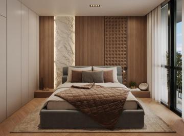 Dormitório decorado com painel amadeirado (imagem ilustrativa) · Apartamento de 48 m² com 1 dormitório e sacada no NOW Residence