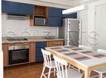 Apartamento · 54m² · 1 Quarto · 1 Vaga · Sofisticado studio mobiliado de 54m² com varanda e vaga no Brooklin perto do Metrô Campo Belo