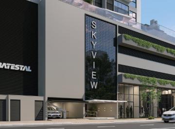 Fachada do Skyview com entrada social e garagem (imagem ilustrativa) · Garden com terraço, 2 dormitórios e suíte no Skyview, Centro de Itajaí